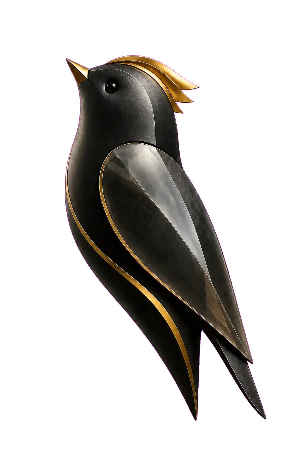 Abstract black, smoked-glass and gold Goldcrest sculpture