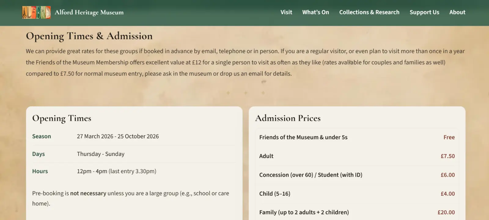 Alford Heritage Museum opening times and admission information