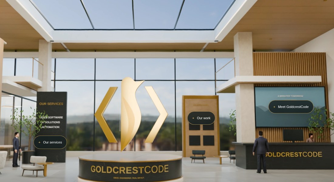 Cropped architectural view of GoldcrestCode’s virtual showroom, with its gold sculpture and glazed atrium.