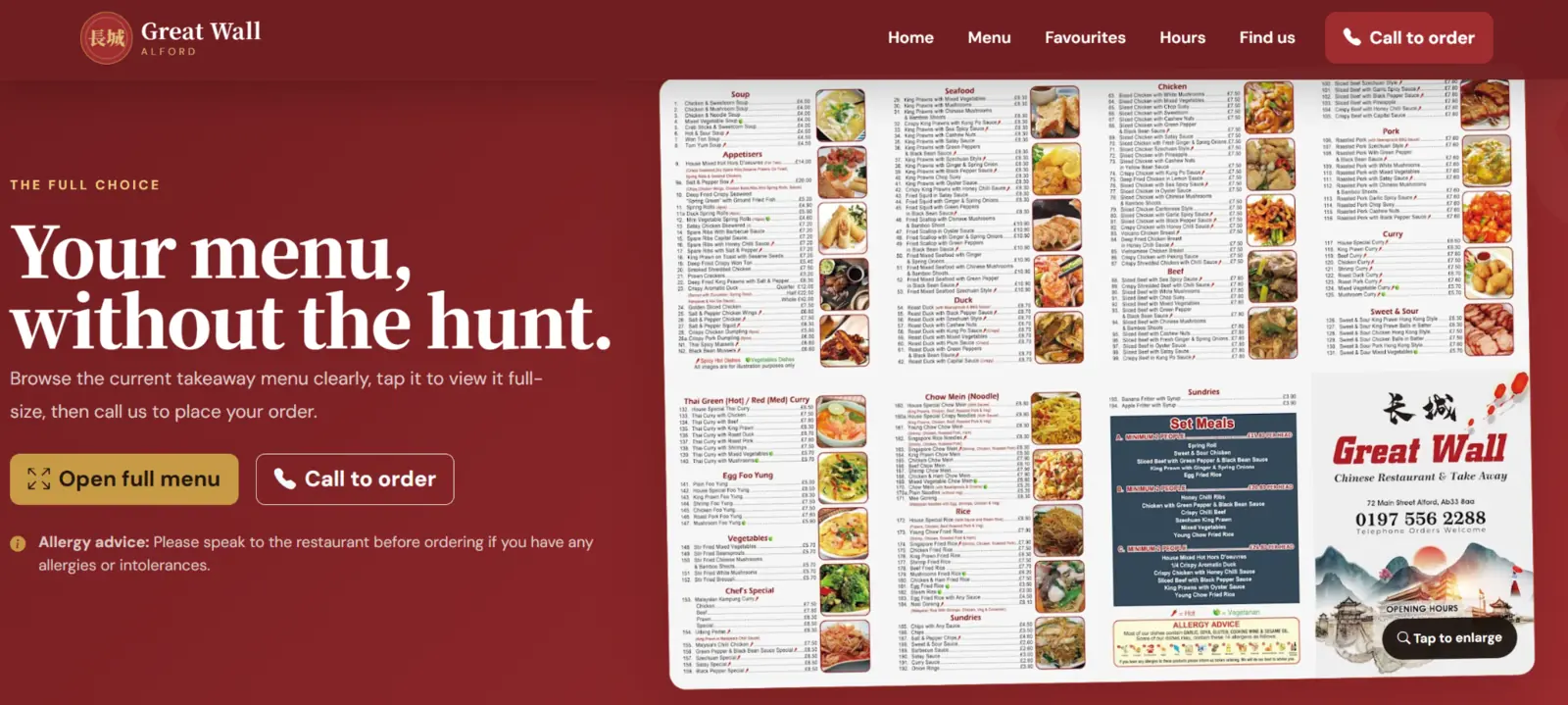 Great Wall Alford online menu page