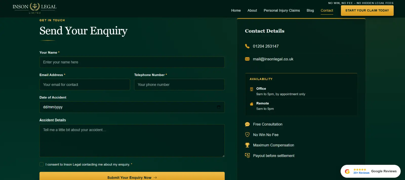 Inson Legal enquiry form and contact details