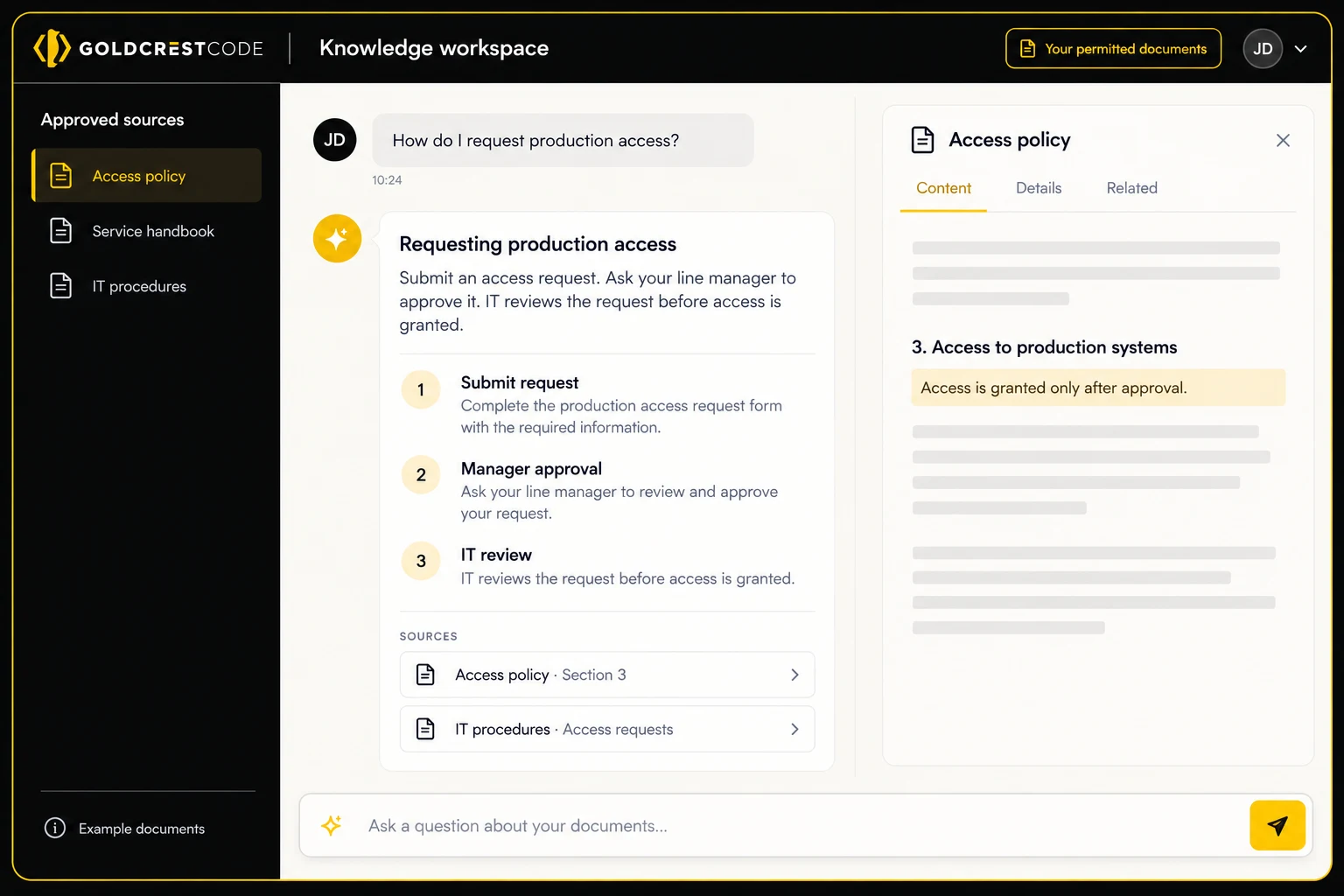 Illustrative knowledge-assistant interface with an answer, source documents and a relevant passage