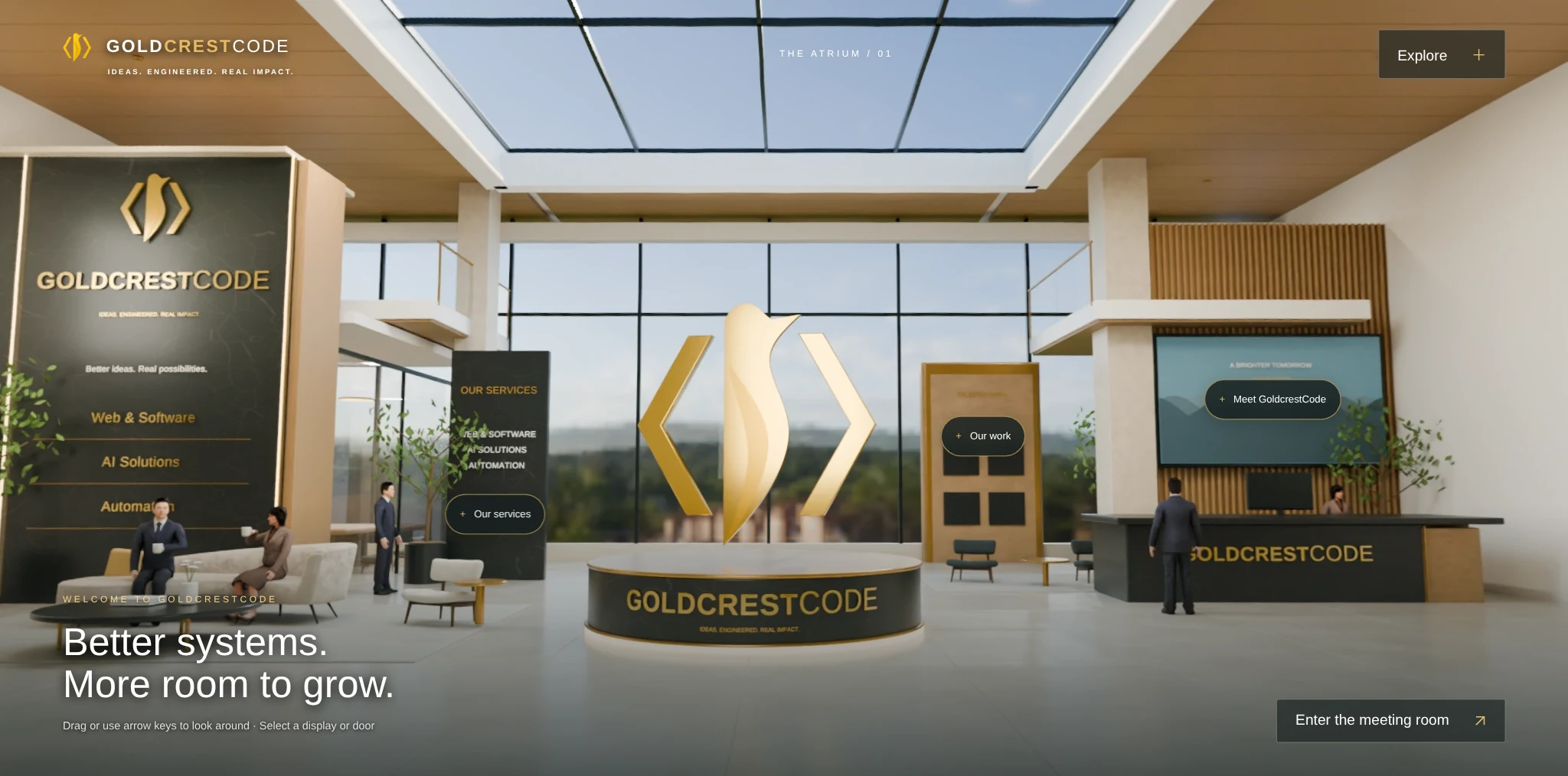 The GoldcrestCode virtual-room atrium, with a gold sculpture, exhibition displays and navigation hotspots