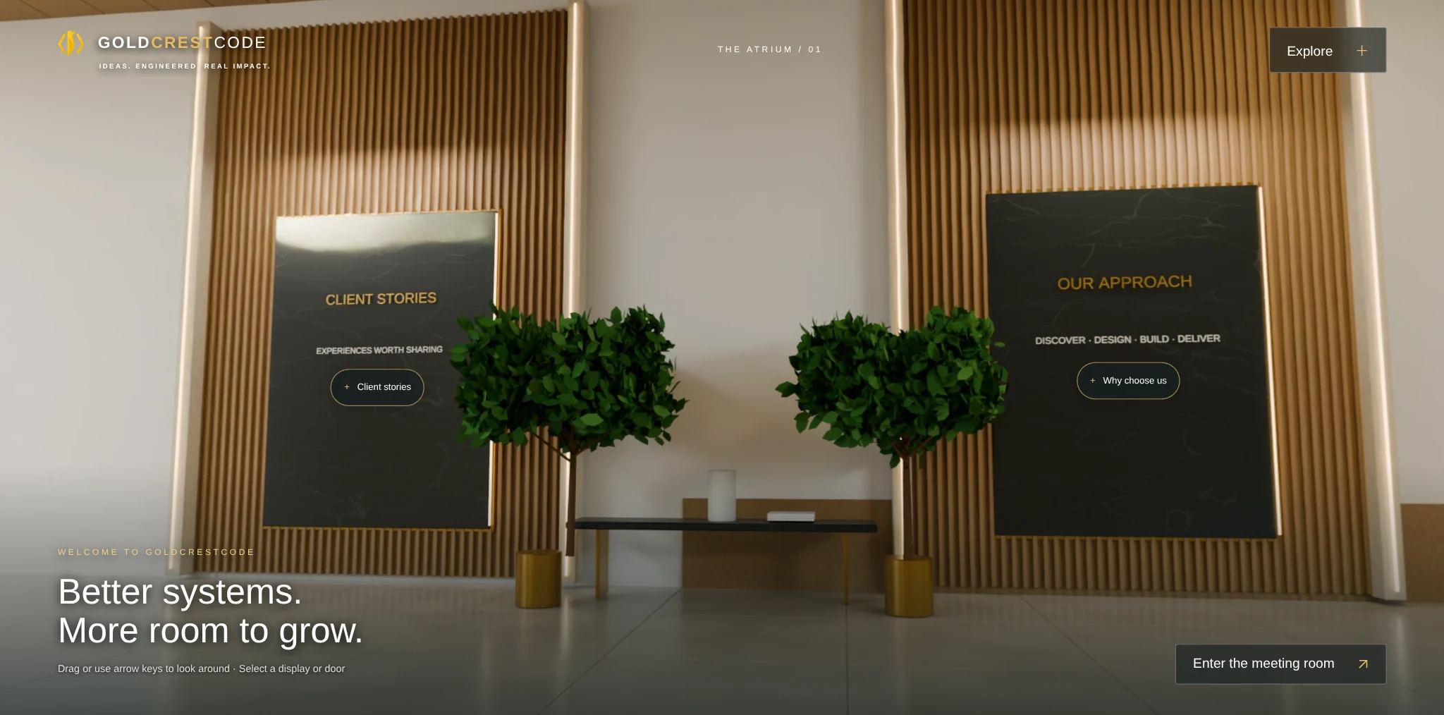 An atrium view showing the interactive Client Stories and Our Approach exhibition displays