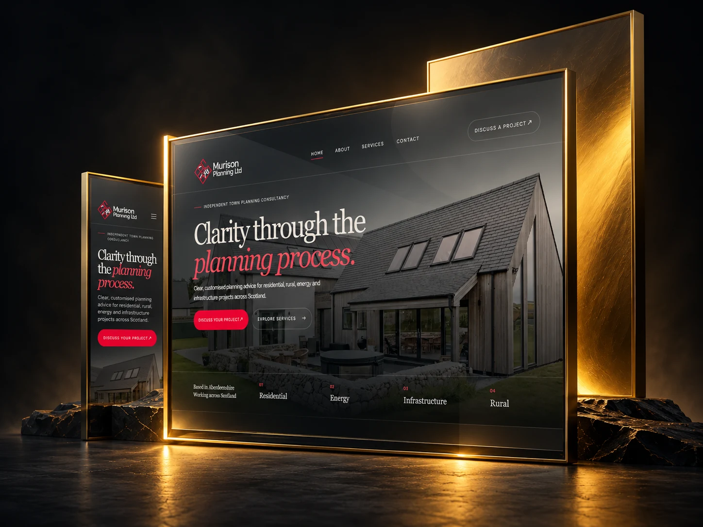 Concept artwork projecting the Murison Planning website onto gold-edged glass monuments